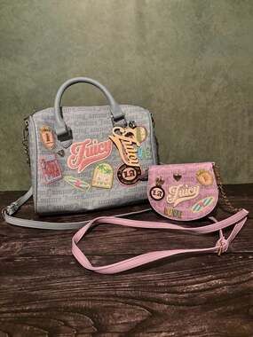 Juicy Couture Run The World Satchel & Mini Crossbody Bag Set Blue Pink Patches